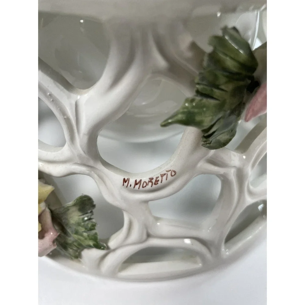 Vintage M. Moretto‎ Porcelain Made In Italy White Lace Rose Hanging Light